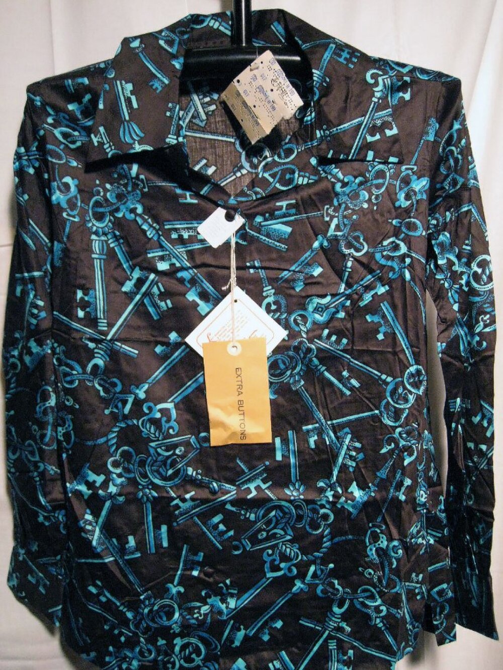 Lady Manhattan Antique Key Print Black Turquoise 1960s Shirt Deadstock